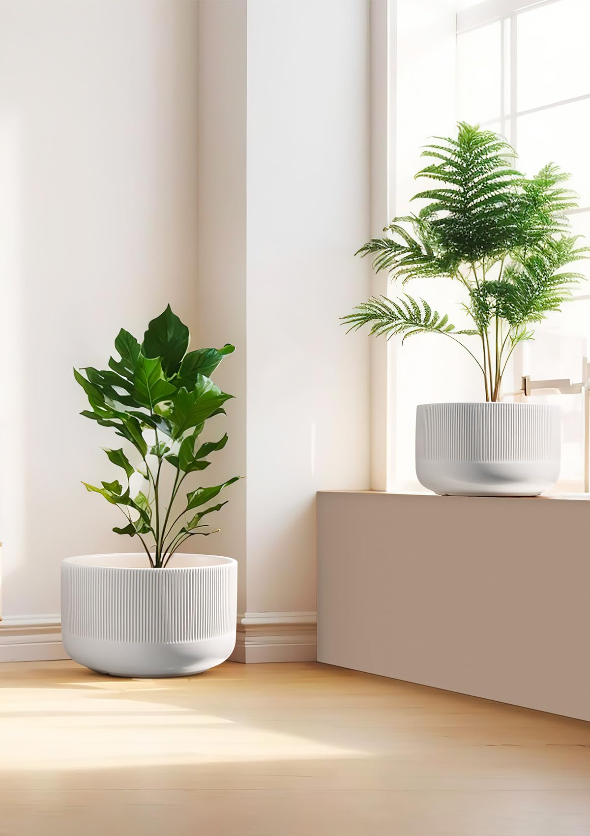 Jardin Tesoro Ceramic Planters - 10+12 Inch Large Pots for Indoor & Outdoor Plants, Modern Flower Pots with Drainage Holes and Self Watering Devices, House White Big Plant Pot, Set of 2