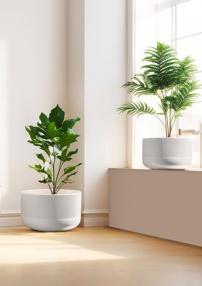 Jardin Tesoro Ceramic Planters - 10+12 Inch Large Pots for Indoor & Outdoor Plants, Modern Flower Pots with Drainage Holes and Self Watering Devices, House White Big Plant Pot, Set of 2