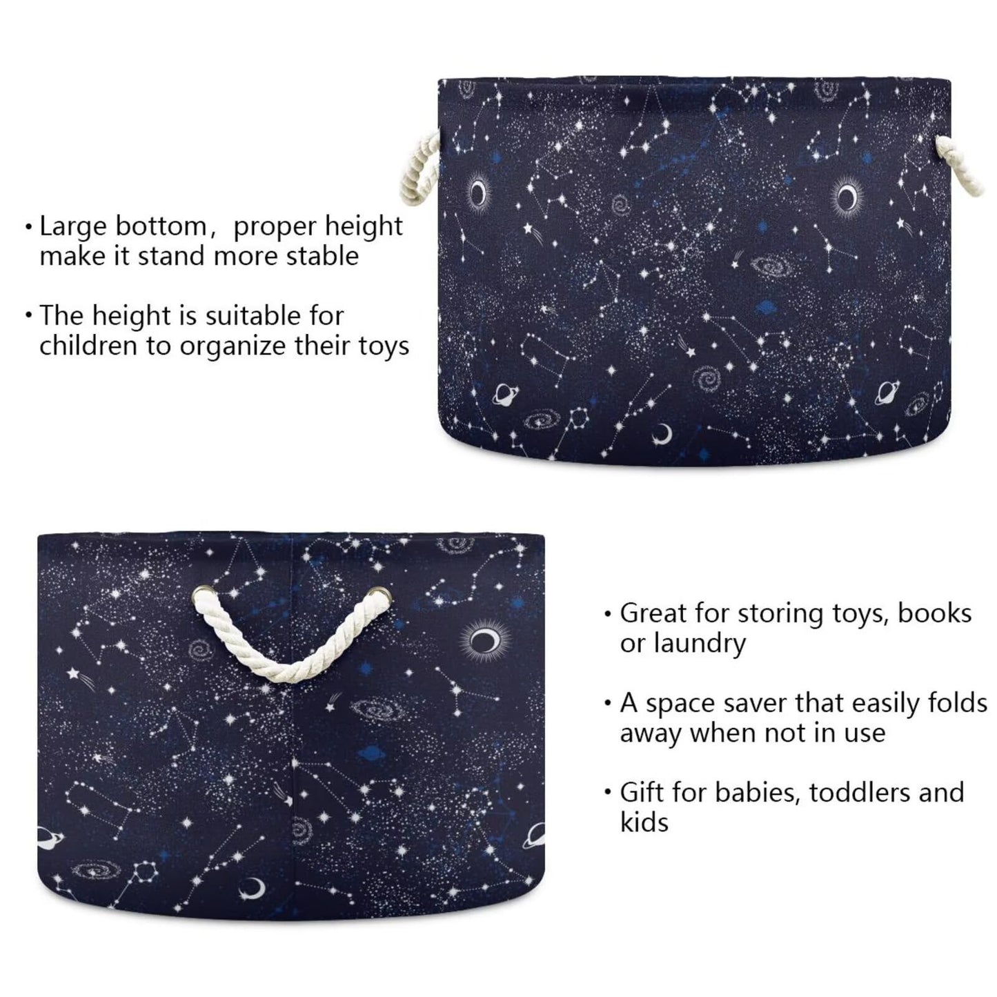Constellation Print Round Storage Basket Stars Moon Planet 20 x 20 x 14 Inches Laundry Hamper Space Galaxy Universe Large Organizer Bin Clothes Storage Bag for Nursery Bedroom Living Room Decor