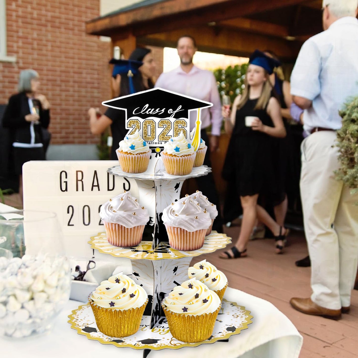 Crafterlife Set of 2 Graduation Cupcake Stand for 50 Cupcakes Black Gold Graduation Cap Decorations Cardboard Cake Dessert Holder Tower for Class of 2026 Congrats Grad Party Supplies