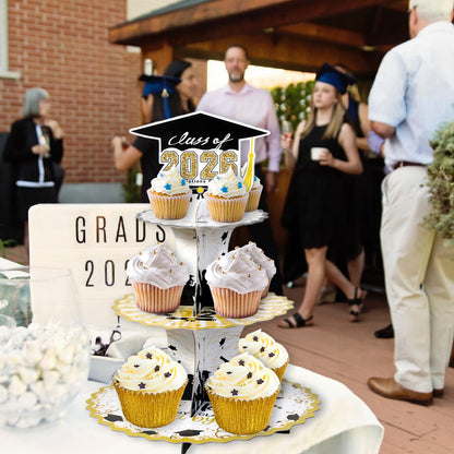 Crafterlife Set of 2 Graduation Cupcake Stand for 50 Cupcakes Black Gold Graduation Cap Decorations Cardboard Cake Dessert Holder Tower for Class of 2026 Congrats Grad Party Supplies