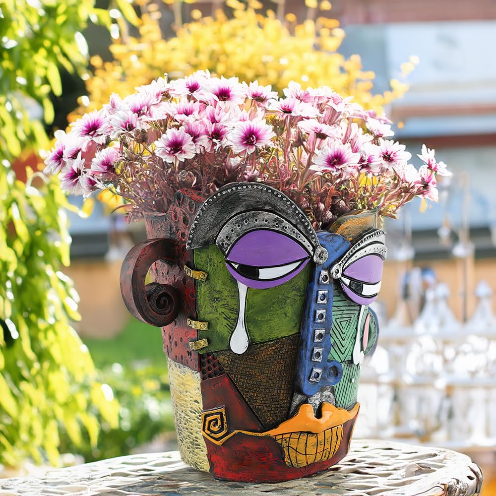 Picasso Brutalist Abstract Face Planter - Head Ornament Flower Pot Container - Colorful Art Resin (Picasso's Tearful Flowerpot)