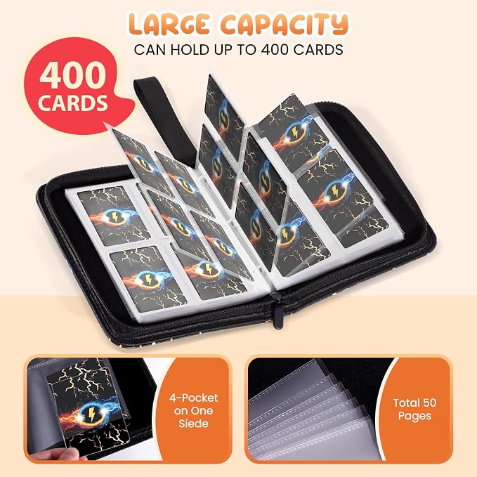 4-Pocket Trading Card Binder Bundle with 50 Sleeves Holds 400 Cards, Zipper Card Holder Album for Game and Sports Cards Collectors - White