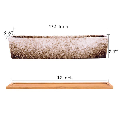 ARTKETTY Succulent Pots, Large Succulent Planters with Drainage Tray, Long Rectangle Ceramic Pot for Indoor Cactus/Succulent Plants Shallow Bonsai Window Box for Home Garden Decor