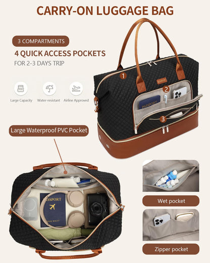 CLOKARS Weekender Bags for Women, Travel Duffle Bag Carry On Overnight Bag with Cosmetics Bag and Crossbody Purse for Gym Hospital, Gifts for Women, Black Brown