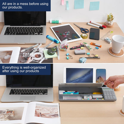 Small Glass Desktop Whiteboard Dry-Erase-Board - Computer Keyboard Stand with Calculator White Board Surface Pad with Drawer, Desk Organizers with Accessories for Office, Home, School Supplies - Grey