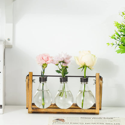 Marbrasse Plant Propagation Stations with Wooden Stand, Desktop Plant Terrarium Holder Bulb Vase, Glass Vase Container with Metal Swivel Holder for Hydroponics of Home Garden Office Decor Lover Gifts