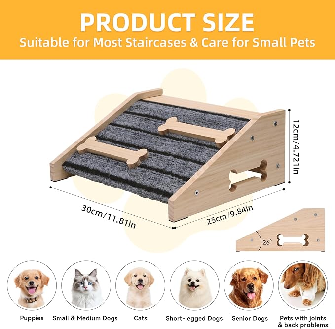 2-Pack Wooden Dog Ramp for Stairs - Natural Pine Wood Pet Step Ramp with Anti-Slip Bone Strips & Felt Padding, Stair Wedge for Small Medium Dogs, Indoor Home Safety Access for Injured Dogs