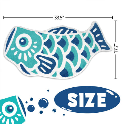Kitcmat Cute Fish Bath Mat Non-Slip Absorbent Bathroom Rug in Japanese Koi Flag Shape Funky Soft Washable Bath Mat for Bathroom, Shower, Room 17.7"x33.5", Cyan