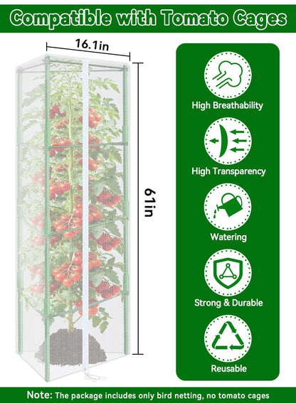ZeeDix Tomato Cages with Bird Netting Set - 2 Pack 57 Inches Heavy Duty Tomato Cages + 2 Pack 61 Inches Garden Mesh Barrier for Tomatoes Climbing Vegetables Flowers