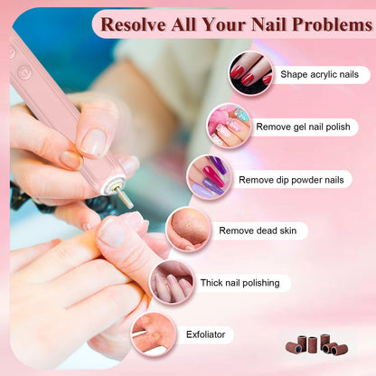 Professional Nail Drill Set, 2,0000 RPM Electric Nail File with 12 Grinding Head & 100Pcs Sanding Bands for Acrylic Gel Nails, Manicure and Polishing (Beige)