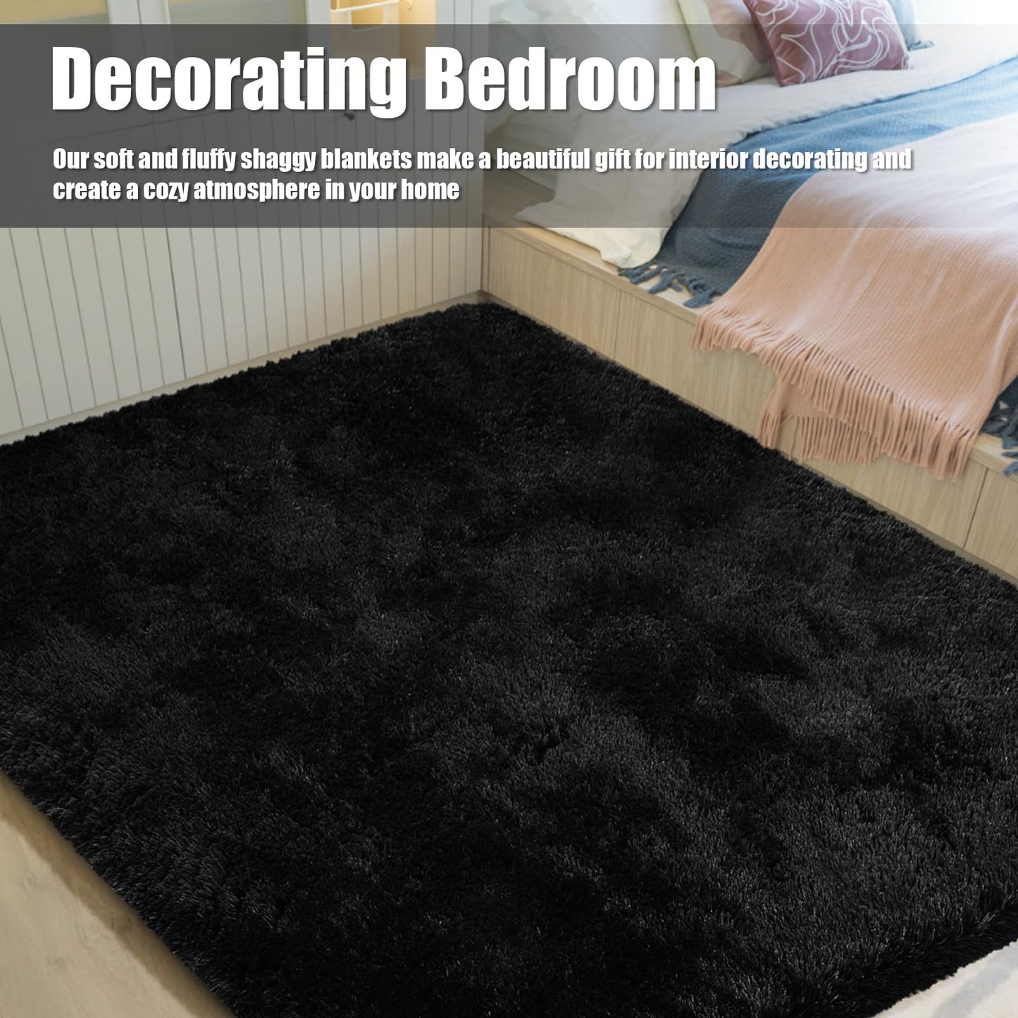 8x10 Fluffy Area Rugs for Living Room,Shag Area Rug for Bedroom,Black Soft Fuzzy Rug Non-Shedding Indoor Plush Carpet for Bedroom Home Decor