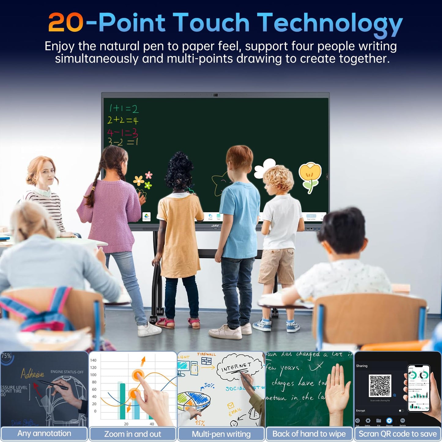 JAV 86 Inch Smart Board 4K UHD Interactive Whiteboard with EDLA Certification Built-in Android OS for Classroom Office Home Digital Display 8+128 GB for Hybrid Work (86 Inch)