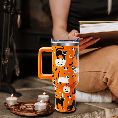 Aokoyi Halloween Cat 40 Oz Tumbler With Handle and Straw, Cute Black Cats Stainless Steel Insulated Cup Water Bottle, Spooky Holiday Gifts for Women Men (1PC)