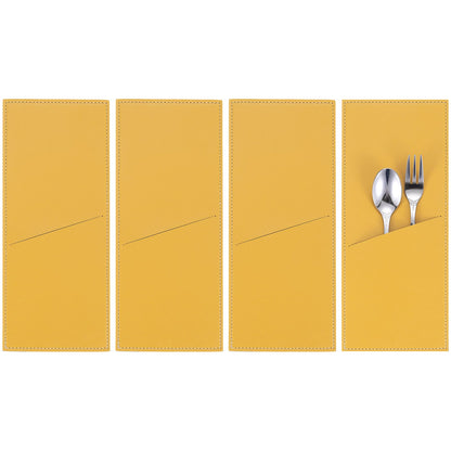 uxcell 4 Pcs Leather Cutlery Sleeve Silverware Utensil Holders Knife and Fork Bag Pouch Flatware Storage Sleeves for Dinner Table Home Kitchen Table Decoration, Yellow