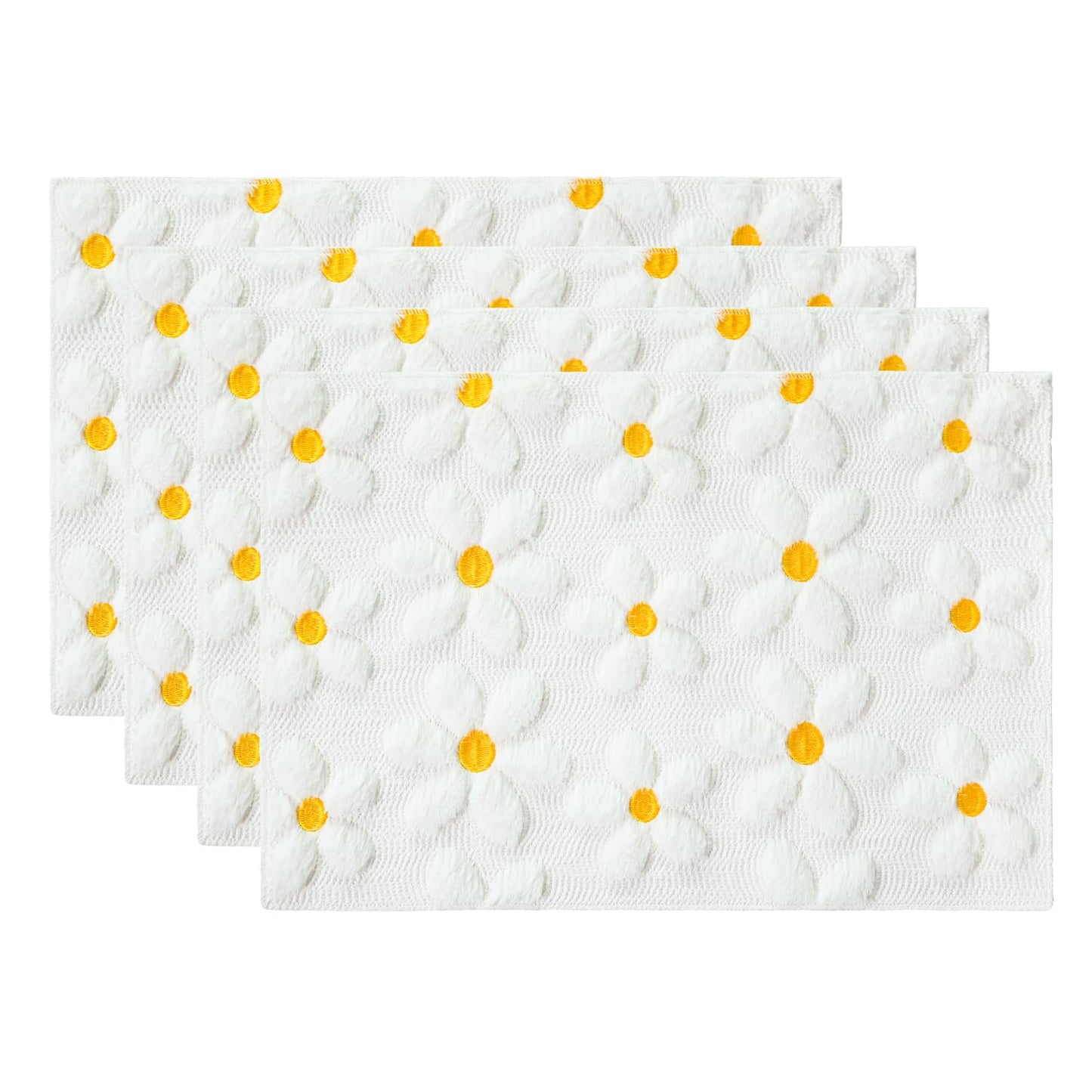 Artoid Mode White Daisy Embroidery Spring Placemats Set of 4, 12x18 Inch Soft Plush Faux Fur Wool Holiday Table Mats for Party Kitchen Dining Decoration