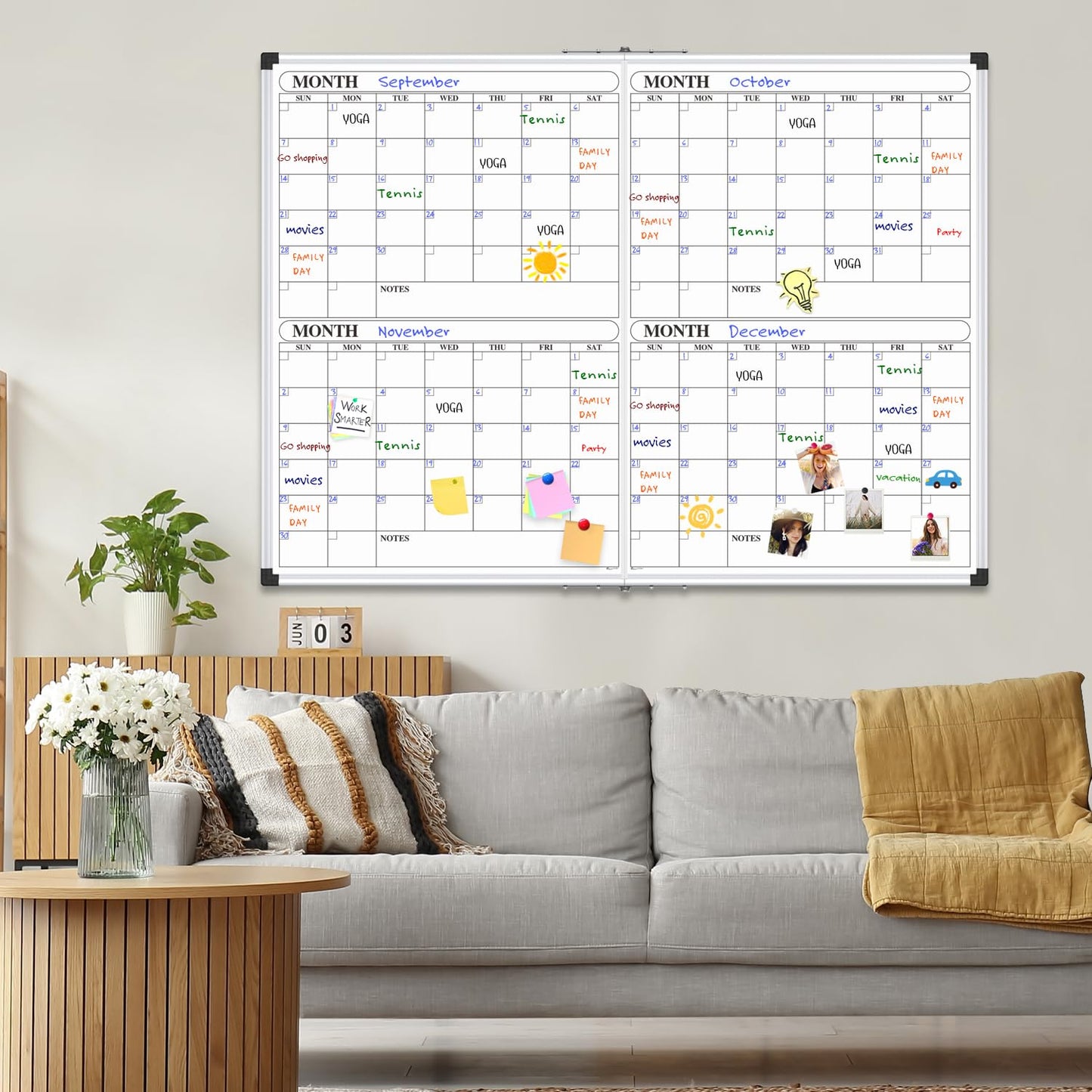 XBoard Magnetic Calendar Whiteboard 48x36 inch, 4 Month Dry Erase Board Planner with Silver Aluminium Frame, Foldable White Board Calendar for Home School Office Organization