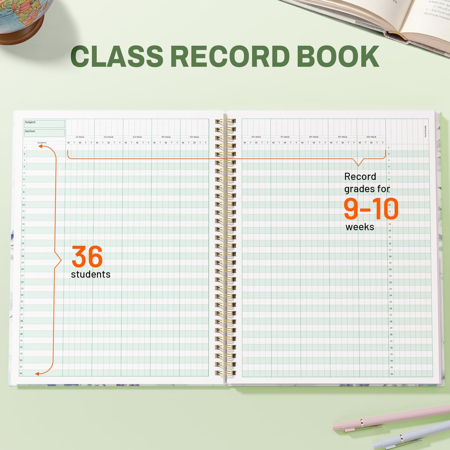 SUNEE Teacher Class Record Book for 9-10 weeks, 36 Names, 8.5x11 Inch, 104 Pages (52 Sheets), 100gsm Thick Paper, Larger Grade Recording up to 36 Students with Water-Resistant Plastic Cover,Full Leaf
