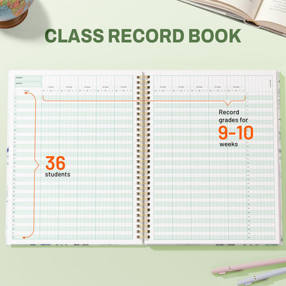 SUNEE Teacher Class Record Book for 9-10 weeks, 36 Names, 8.5x11 Inch, 104 Pages (52 Sheets), 100gsm Thick Paper, Larger Grade Recording up to 36 Students with Water-Resistant Plastic Cover,Full Leaf