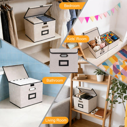 Tcbelosion Large Square Storage Bin with Lid, Foldable Organizer Box with Handles & Label Design, for Office, Closet, Home, Documents, Grey, 12.20 x 10.63 x 10.63 Inches, 1 Pack