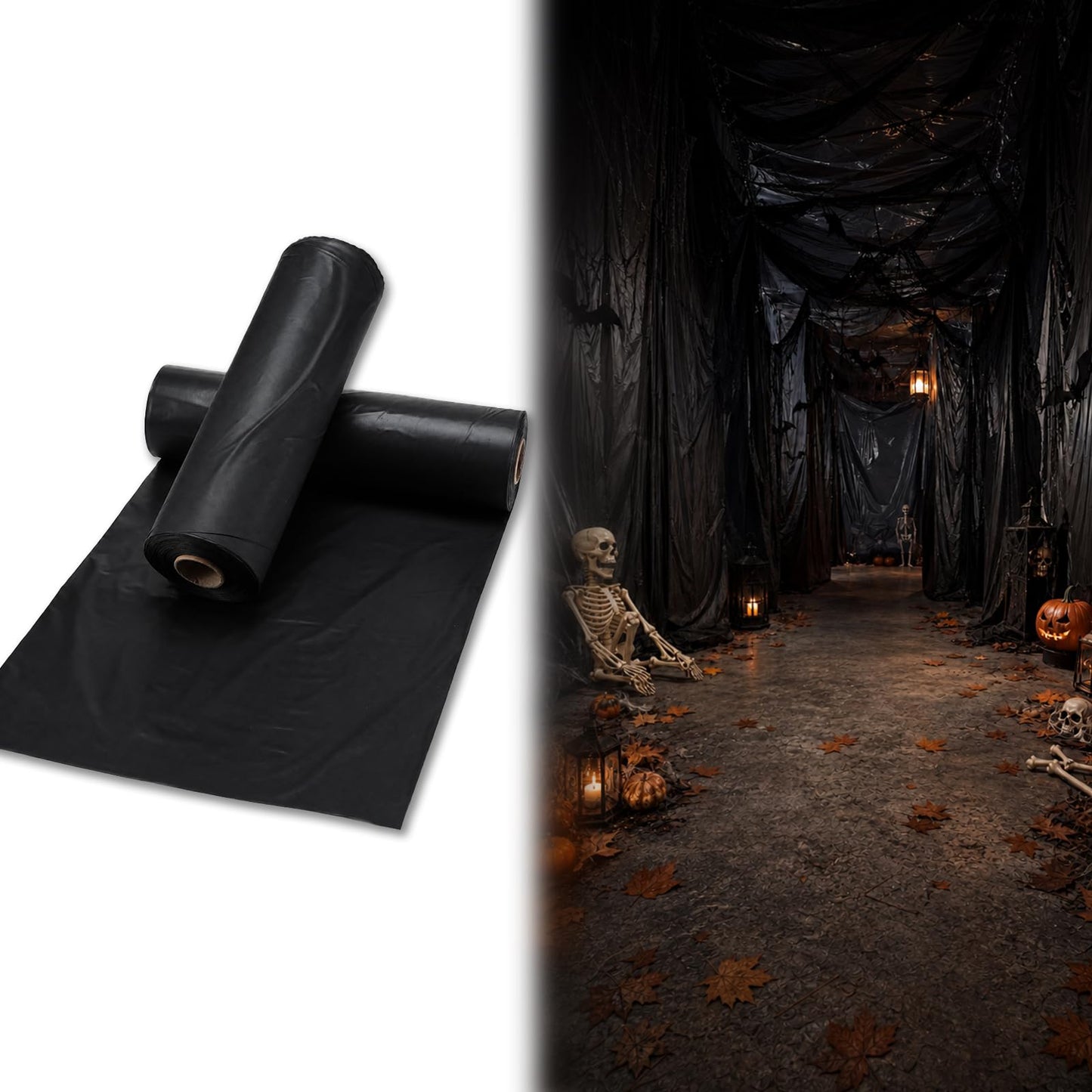 MotiMind 2 Rolls Halloween Black Plastic Sheeting for Haunted House, 4.5ft x 100ft Each, Black Tarp Spooky Wall & Party Decorations for Halloween Backgrounds and Haunted House Setup
