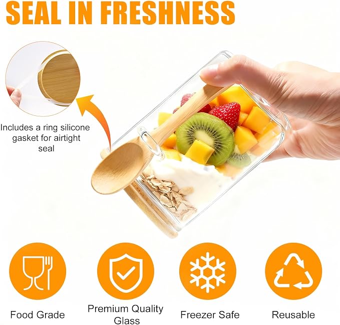Overnight Oats Containers With Lids and Spoons, 2pack Glass Jars with Bamboo Lids, Leak-Proof Overnight Oats Jars for Cereal, Yogurt, Chia Pudding