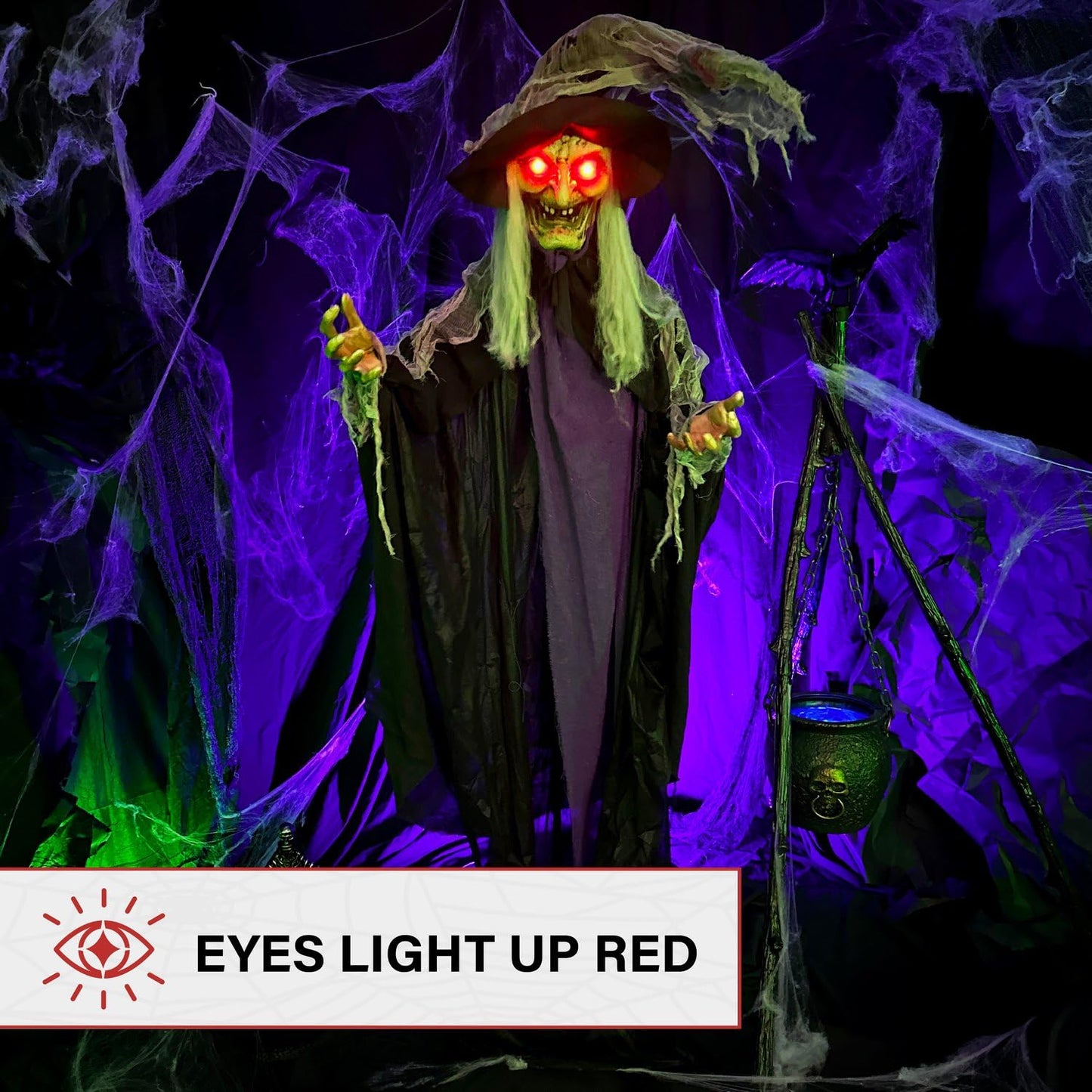 Haunted Hill Farm Life-Size Poseable Scary Talking Witch, Halloween Animatronic with Touch Activated Lights and Sound, Battery Operated Indoor or Covered Outdoor Halloween Decorations, Fright Props