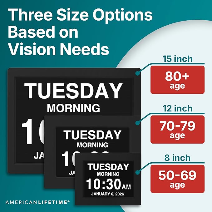American Lifetime 【New 2026】 Dementia Digital Clock for Seniors, Large Display with Custom Alarms, Clock with Day & Date for Elderly, Large Number Digital Clock White