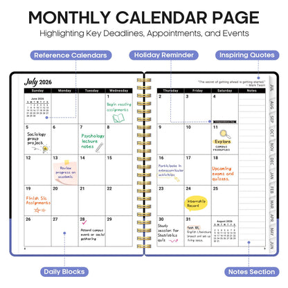 Planner 2026–2027, Weekly & Monthly Academic Organizer for School Year, Jul 2026–Jun 2027, Hardcover Planner with Tabs, Back to School Essential, 6.3" x 8.5", Quiet Meadow