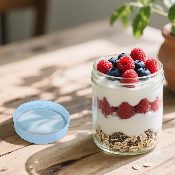 SHOWIN Overnight Oats Containers with Lids, 16oz Glass Jars with Lids 8 pcs, Light Blue, Wide Mouth Mason jars for Salad, Yogurt, Snacks, Meal Prep