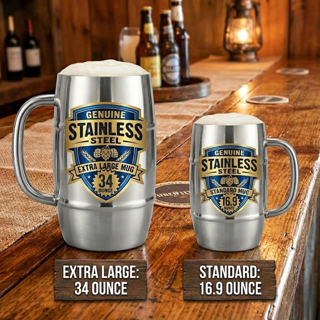 Silver Beer Mug 500ml for Men & Home Bar | Stainless Steel Beer Cup with Matte Interior & Polished Silver Exterior | Durable Large Beer Stein for Beer, Ale & Cocktails | by L’escape Artiste