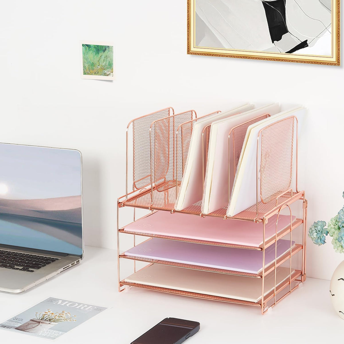 Desk Organizers and Accessories, 3-Tier Paper Organizer with 5 Vertical File Holders, File Organizer for Desk (Rose Gold, 3T)