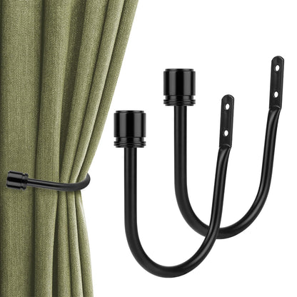 Curtain Holdbacks 2 Pack, HOTOZON Decorative Curtain Tieback with Screws Wall Mounted, Curtain Hooks for Drapes with Simple End Finials, Black (1 Pair/2 Pack), Large