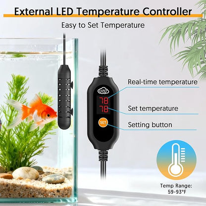 QZQ Aquarium Heater, 100W Adjustable Fish Tank Heater with Digital Display, External Temperature Controller, Submersible Turtle Tank Heater for 10-20 Gallon Tanks