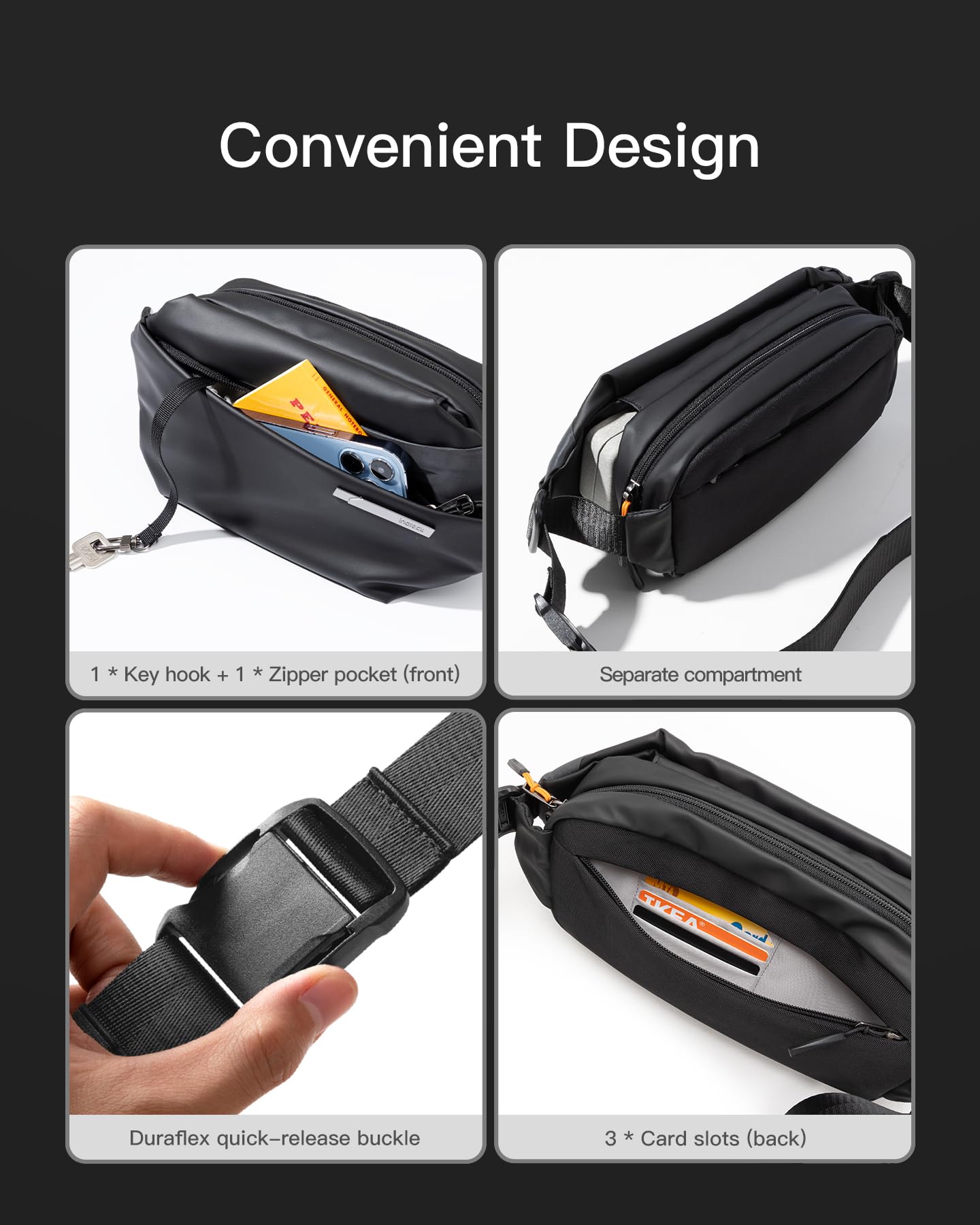 Inateck Sling Bag X, Multi-pocket Crossbody Shoulder Chest Bag with Adjustable Shoulder Strap, Water-resistant Waist Fanny Pack for Men, Women, Travel, Daily Use, Cycling, Hiking, Black, Large