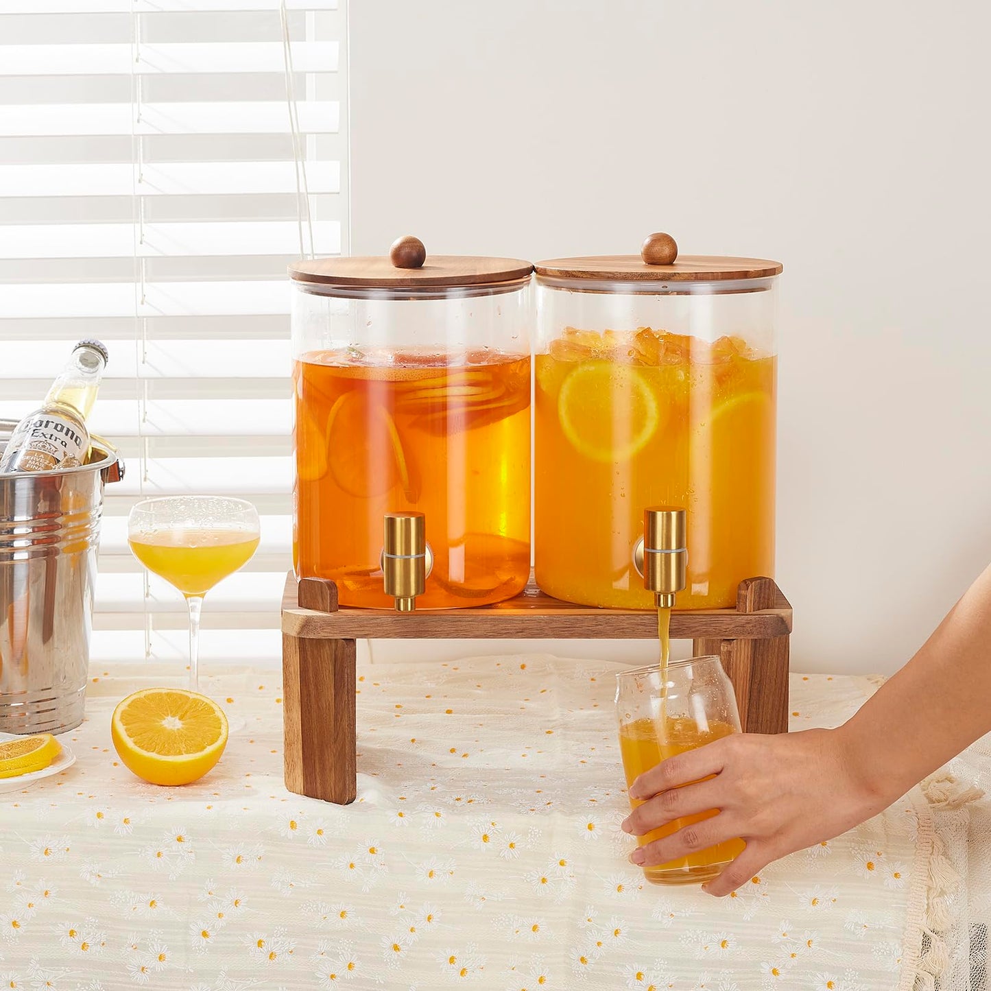 2 PCS 1 Gallon Drink dispenser, Glass Beverage Dispenser With Wood Stand, Large Water Drink Dispensers for Parties With Stainless Steel Spigot, Ideal for Lemonade,Juice, Tea, and Party Drinks