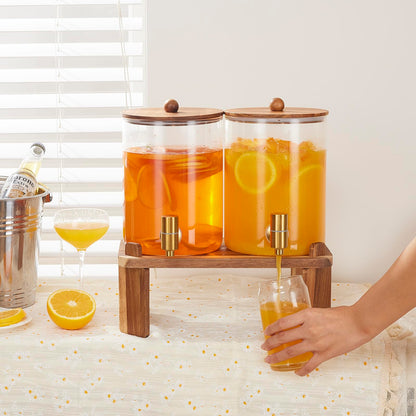 2 PCS 1 Gallon Drink dispenser, Glass Beverage Dispenser With Wood Stand, Large Water Drink Dispensers for Parties With Stainless Steel Spigot, Ideal for Lemonade,Juice, Tea, and Party Drinks