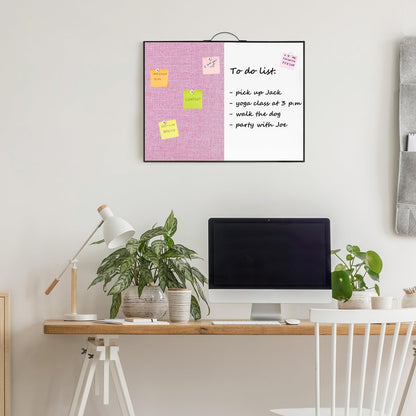 Small White Board Cork-Board Combo - 16 X 12 inches Pink Linen Board & Magnetic Dry Erase Board for Wall, Mini Bulletin Cork Board with Holder for Office, Home and School