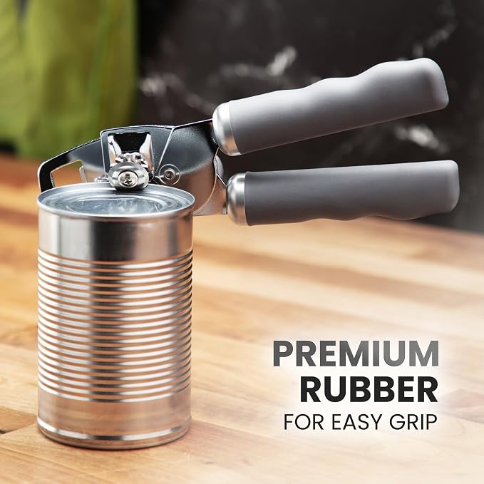 Zulay Kitchen Heavy Duty Stainless Steel Can Opener Manual with Bottle Opener - Rust Proof Manual Can Opener With Turn Knob & Comfy Soft Grip Handles - Gray
