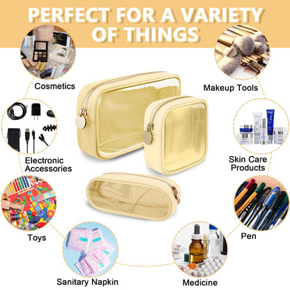 UIXIZQ Clear Small Makeup Bag with Zipper, Nylon&PVC Cosmetic Travel Bag Preppy TSA Approved Toiletry Bag for Women Girls, Transparent Waterproof Makeup Pouches Cute Travel Bag for Purse(Small-Beige)