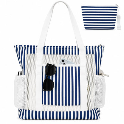 MIAOJIE Mesh Beach Tote Bags for Women Corduroy Tote Bag Sandproof Mesh Beach Bag With Zipper Pocket Pool Bag for Weekender Travel Cruise Swim -Blue Stripes