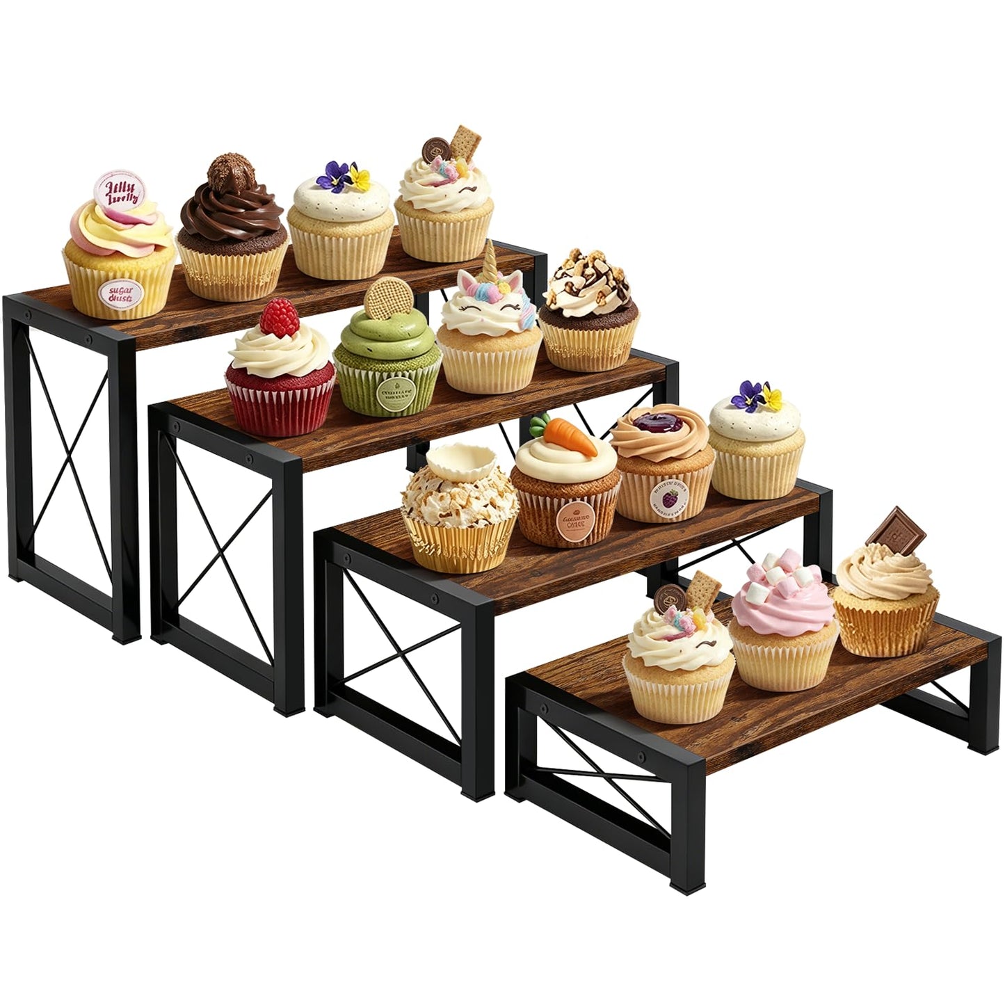 ELITEROO Wood Risers Display Stands Set of 4, Wooden 4 Tier Cupcake Stand, Tiered Riser for Vendors, Decorative Display Risers for Food Desserts Buffet Table at Party Wedding, Rustic Brown
