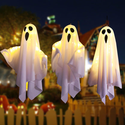 3PCS Halloween Hanging Light up Ghost with Spooky Warm White LED Light, Hanging Ghosts Light Up Kit, Ghost Halloween Decorations Outdoor for Front Yard Patio Lawn Garden Party Decor Indoor Outdoor