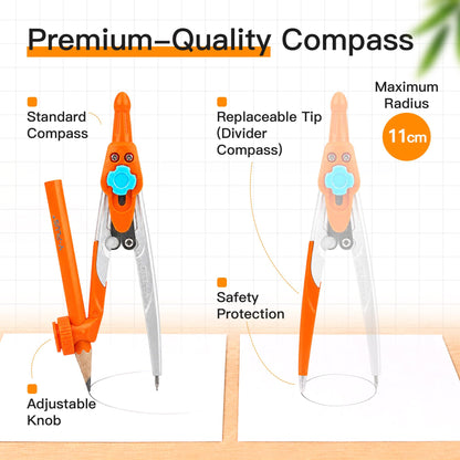 YPLUS Geometry Set for Students, Compass Drawing Tool with Metal Case, Math Protractor with Protractor, Rulers, Metal Compass, Mechanical Pencil - 12 Pcs, Back to School Supplies for Students