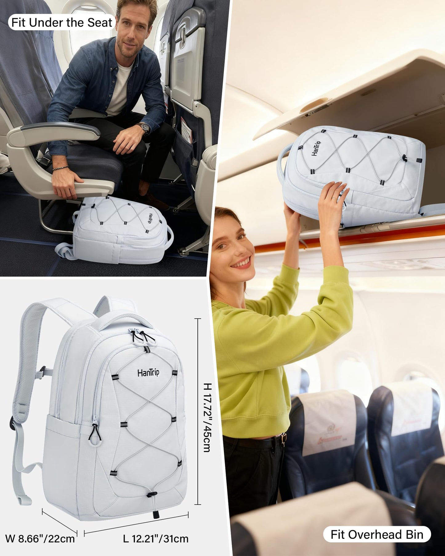 HanTrip Travel Laptop Backpack for Women Men, Large Work Backpack for Commuter College School Book Bags, Reflective Water Resistant Backpack with Luggage Strap Bottle Pocket Chest Strap, Glacier White