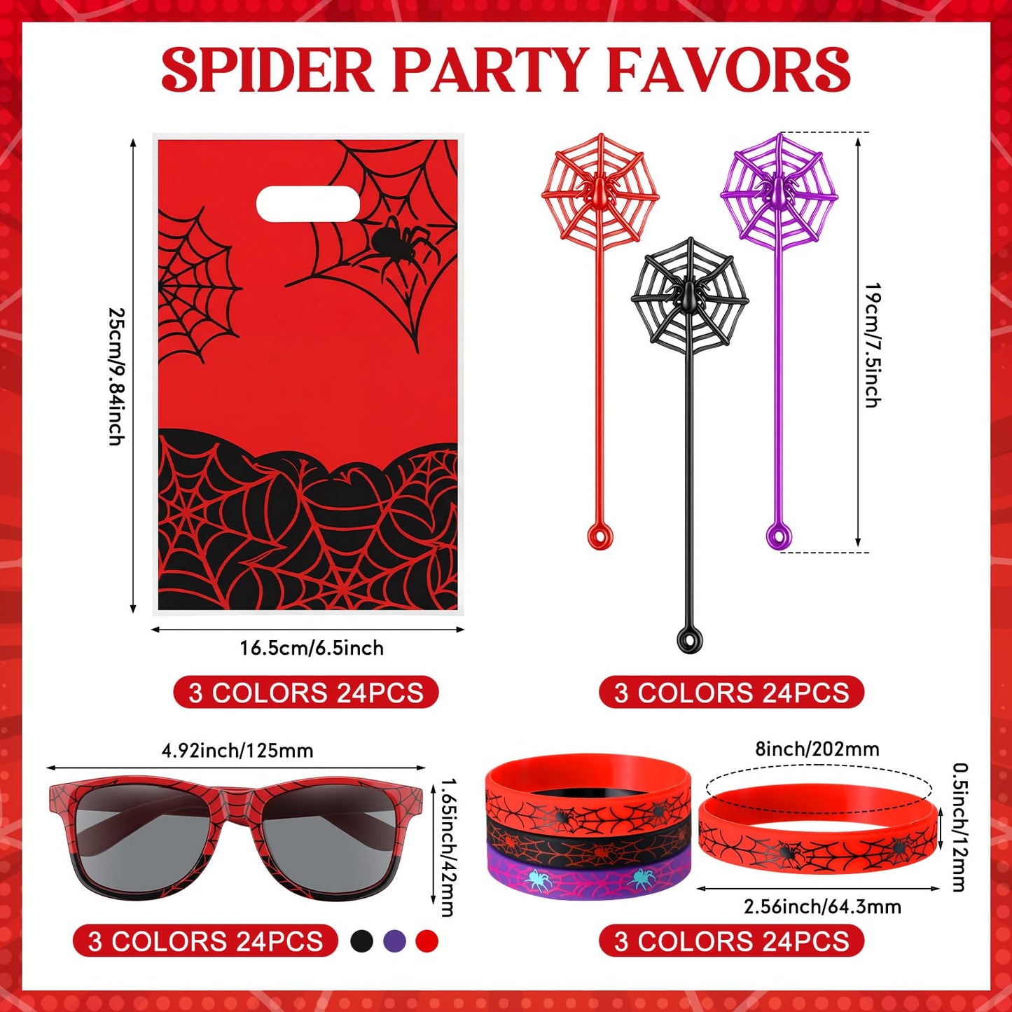 Soulchen 96 Pieces Spiderweb Birthday Party Decoration Set Spiderweb Gift Bags Spider Silicone Bracelet Sunglasses Cobweb Sticky Hands Toys for Birthday Party Supplies Favors (Vibrant)