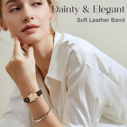 Timever Women's Leather Strap Watch Dainty Elegant Womens Watches Classic Vintage Retro Square Ladies Quartz Watches Gifts Present for Her