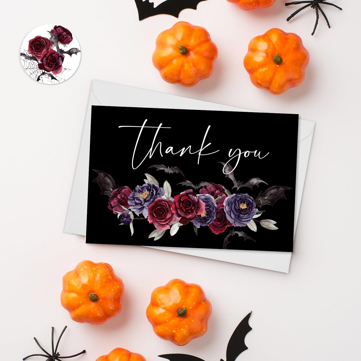 25 Pack Floral Thank You Cards Halloween Flower Bat Greeting Cards Spooky Blank Note Card for Holiday Baby Shower Party Invitation Supplies, 4 x 6 Inch