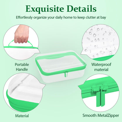 JeeVoya 3 PCS Clear Zipper Pouches with Handle, Diaper Bag Organizer, Clear Makeup Bags Hardshell Toy Storage Bins with Zipper Toiletry Pouch Bag for Cosmetics Pencils Puzzles, Building Blocks(Green)
