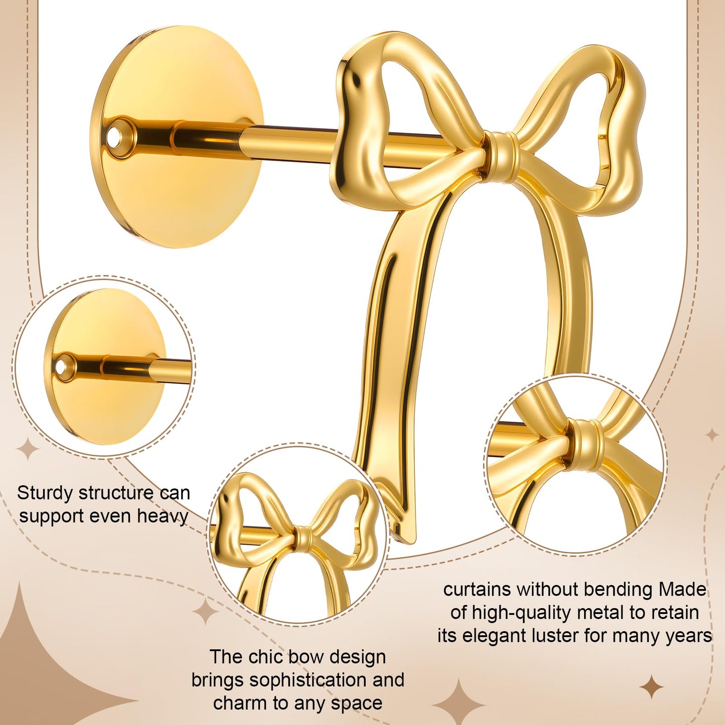 Blulu 2 Pcs Metal Bow Curtain Holdbacks Gold Wall Mounted Bow Curtain Hold Backs Curtains Modern Gold Holders for Living Room Bedroom Office Home